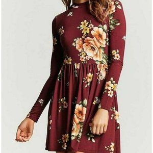 Forever 21 Womens Size Small Burgundy Floral long Sleeve Mini Dress Open Back